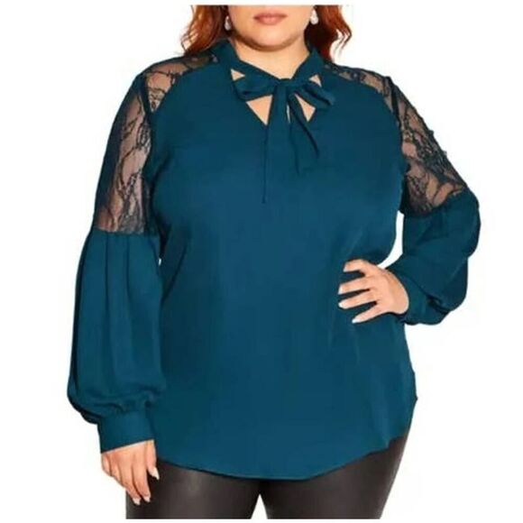 City Chic Mysterious Lace Balloon Sleeve Hunter Green Top/Blouse Size Small - Picture 1 of 13